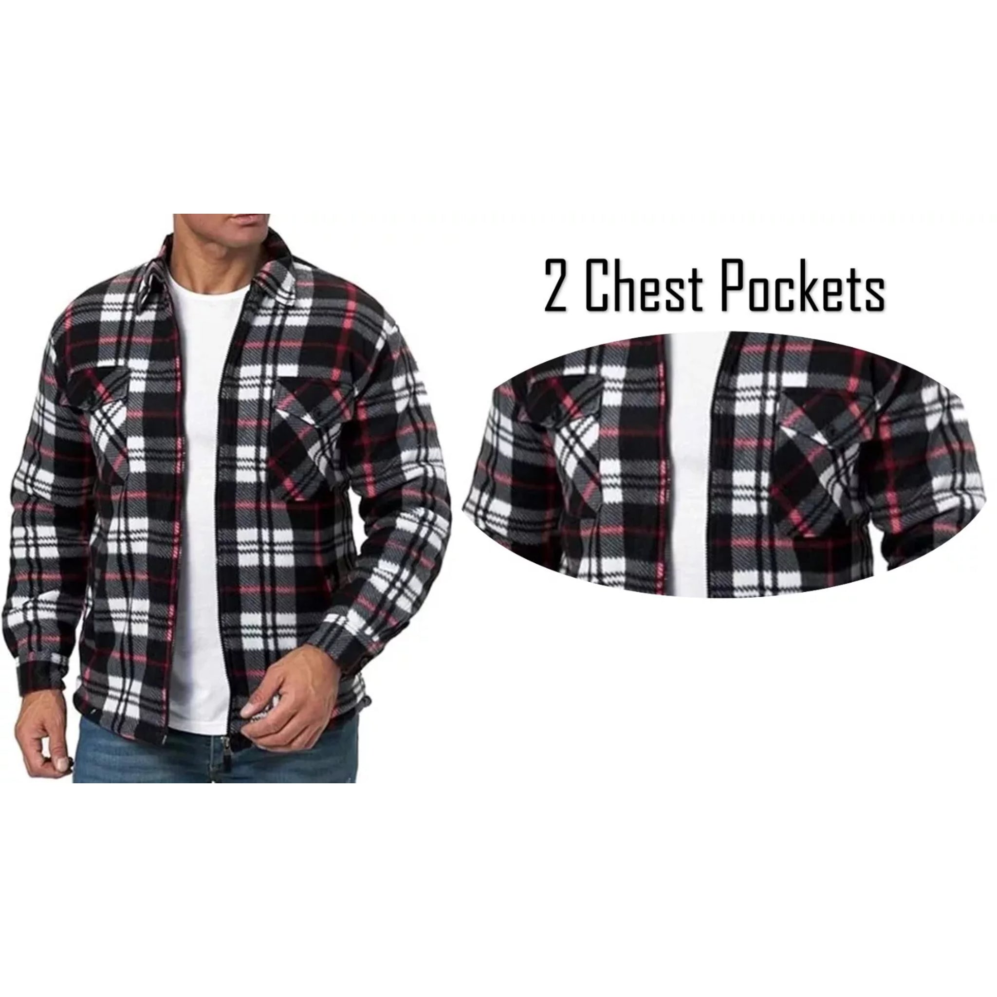 Men's zipped check fleece shirt in red, black and white plaid pattern, warm long sleeve overshirt with chest pockets